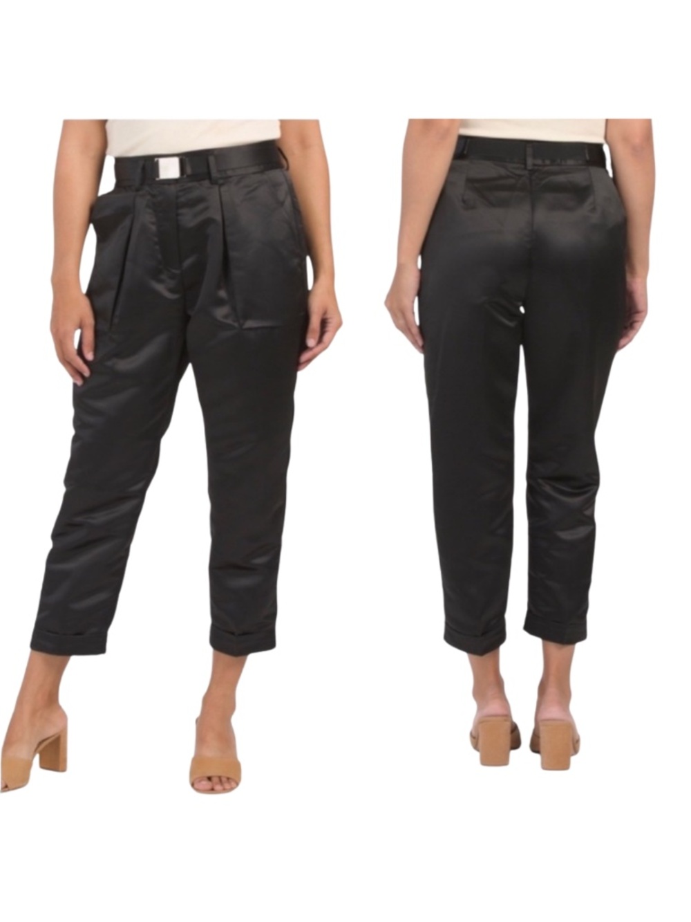 NWT Studio Badgley Mischka Black Satin Cropped Pants Size 6 Pleated Belted